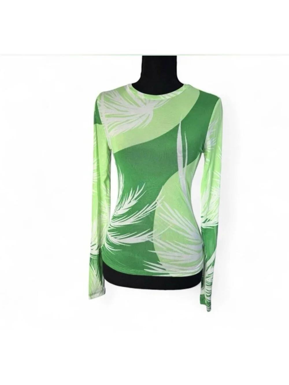 AFRM Los Angeles Zadie White Green Palm Print Sheer Mesh Long Sleeve Top Y2K Xs